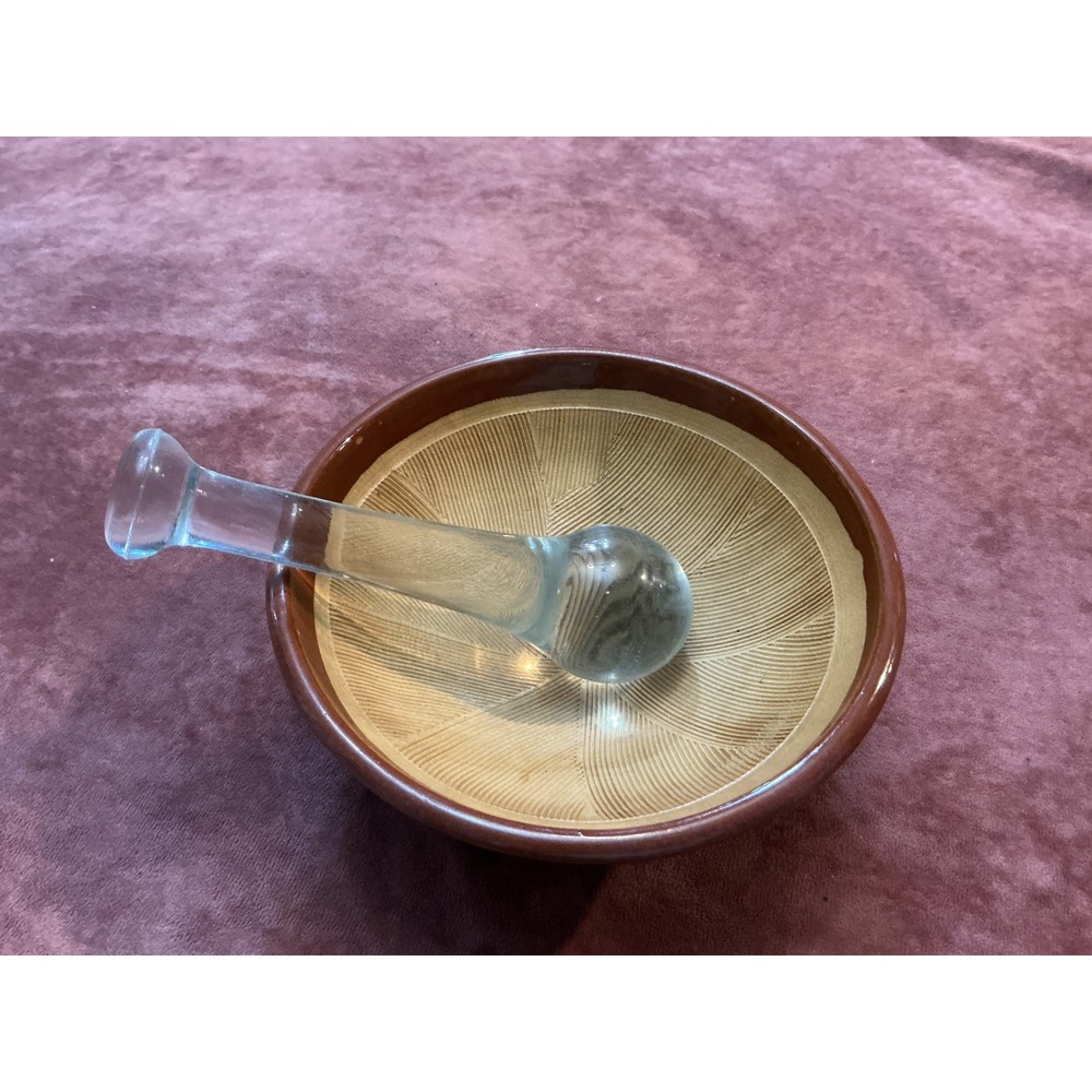 Vintage Japanese Suribachi Mortar and Glass Pestle Set Brown Ceramic 6.25" Bowl